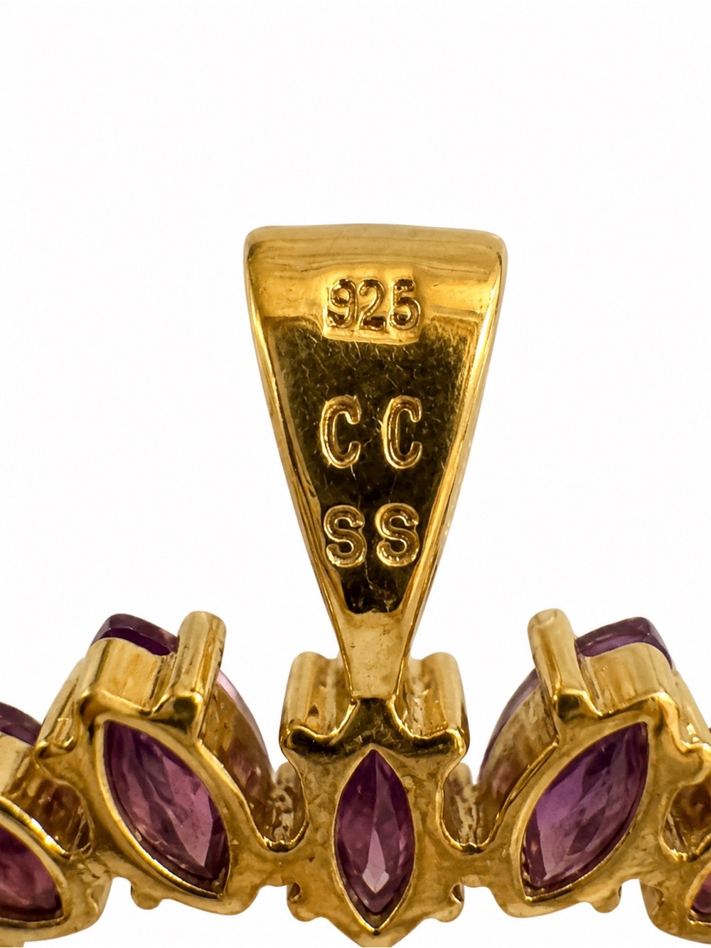 925 Sterling Silver Gold Vermeil Purple Marquise Heart Pendant - Picture 2 of 2